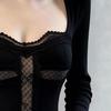 Autumn Winter Retro Black Square Neck Lace Patchwork Long Sleeve Women's Top