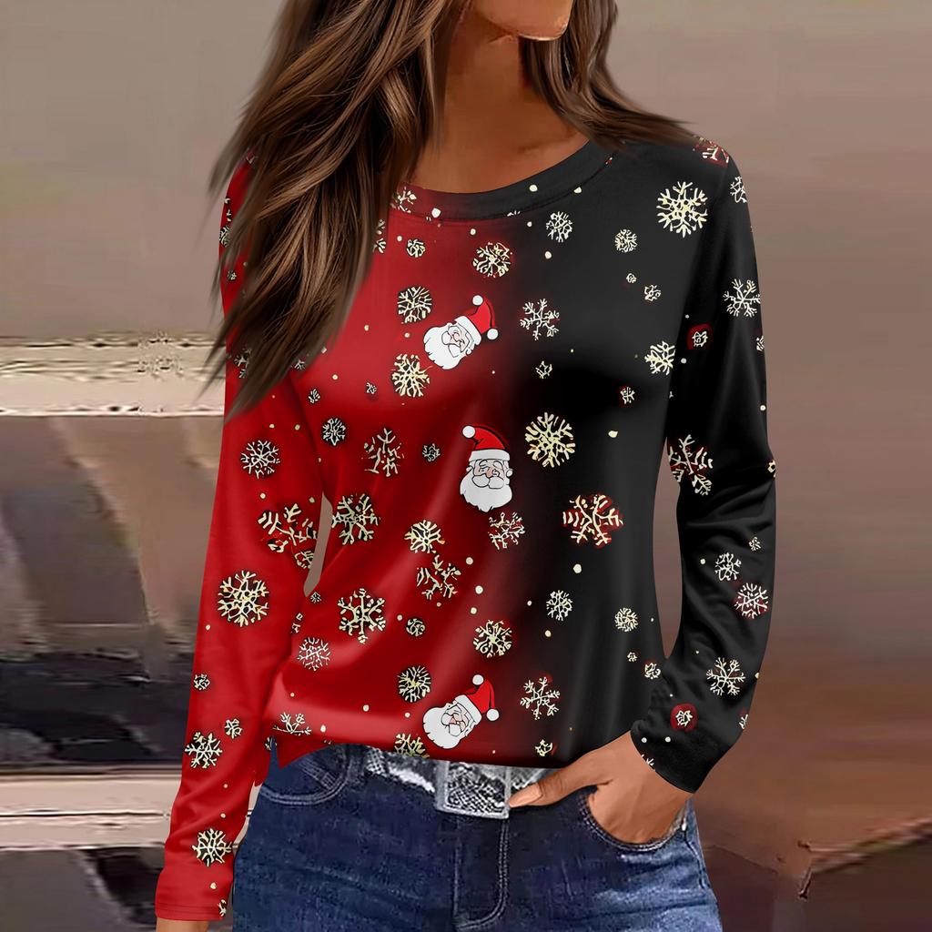 Women's 3D Gradient Striped Santa Claus Head Print Round Neck Long-sleeved T-shirt Top
