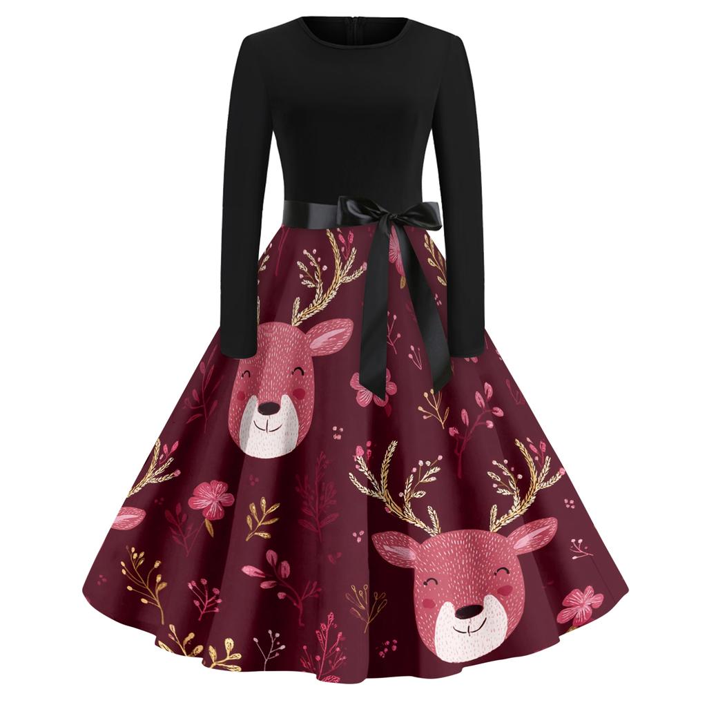 Women's Casual Fashion Round Neck Christmas Printed Vintage Dress