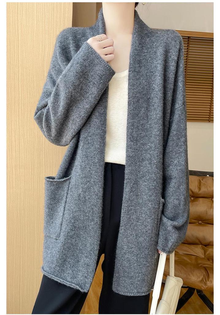Women's Wool Knit Cardigan - Autumn/Winter 2024, Loose Mid-Length Long Sleeve Sweater/Jacket