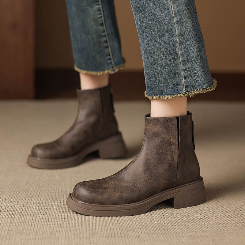 Krazing Pot Cow Skin Round Toe Thick Heels Motorcycle Boots Size 42 Back Zip Women Keep Warm Ankle Boots