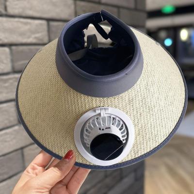 Wide Brim Sun Hat with Built-in Fan Summer Outdoor Straw Visor Hat with Solar/USB Powered Fan for Camping Fishing Hiking