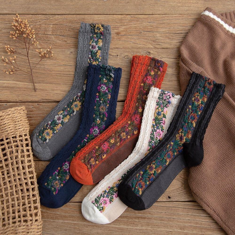 5Pairs Vintage Floral Embroidery Socks Sweat-absorbing Medium Tube Socks Women's Socks  Four Seasons
