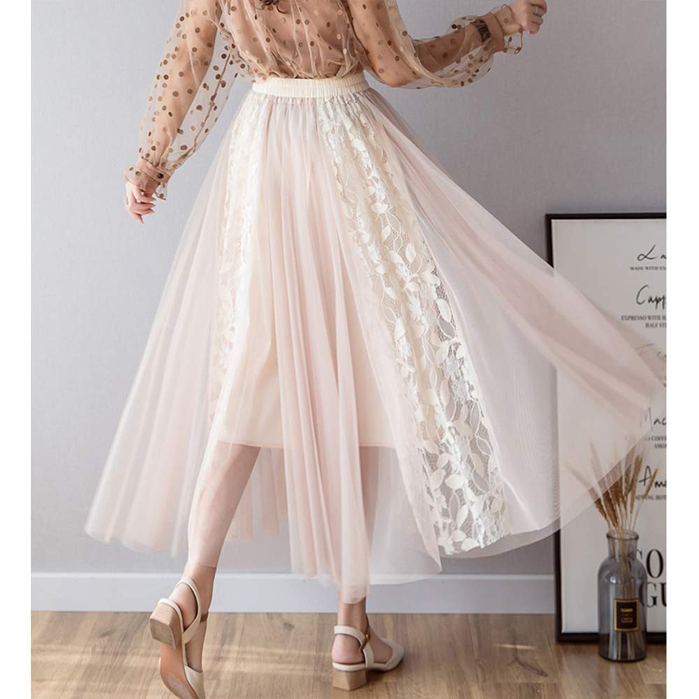 Gebacades Elastic Lace Pleated Tulle Maxi Beige Women's High-Waisted Tie-Down Skirt,