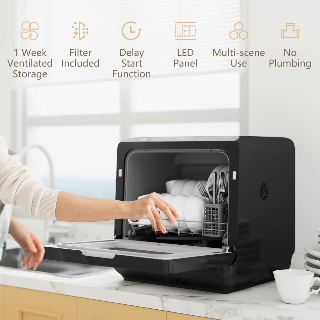 Table Top Dishwasher with Built-in 6L Water Tank, Mini Countertop Dishwasher with 6 Programs, 4 Place Settings, Black