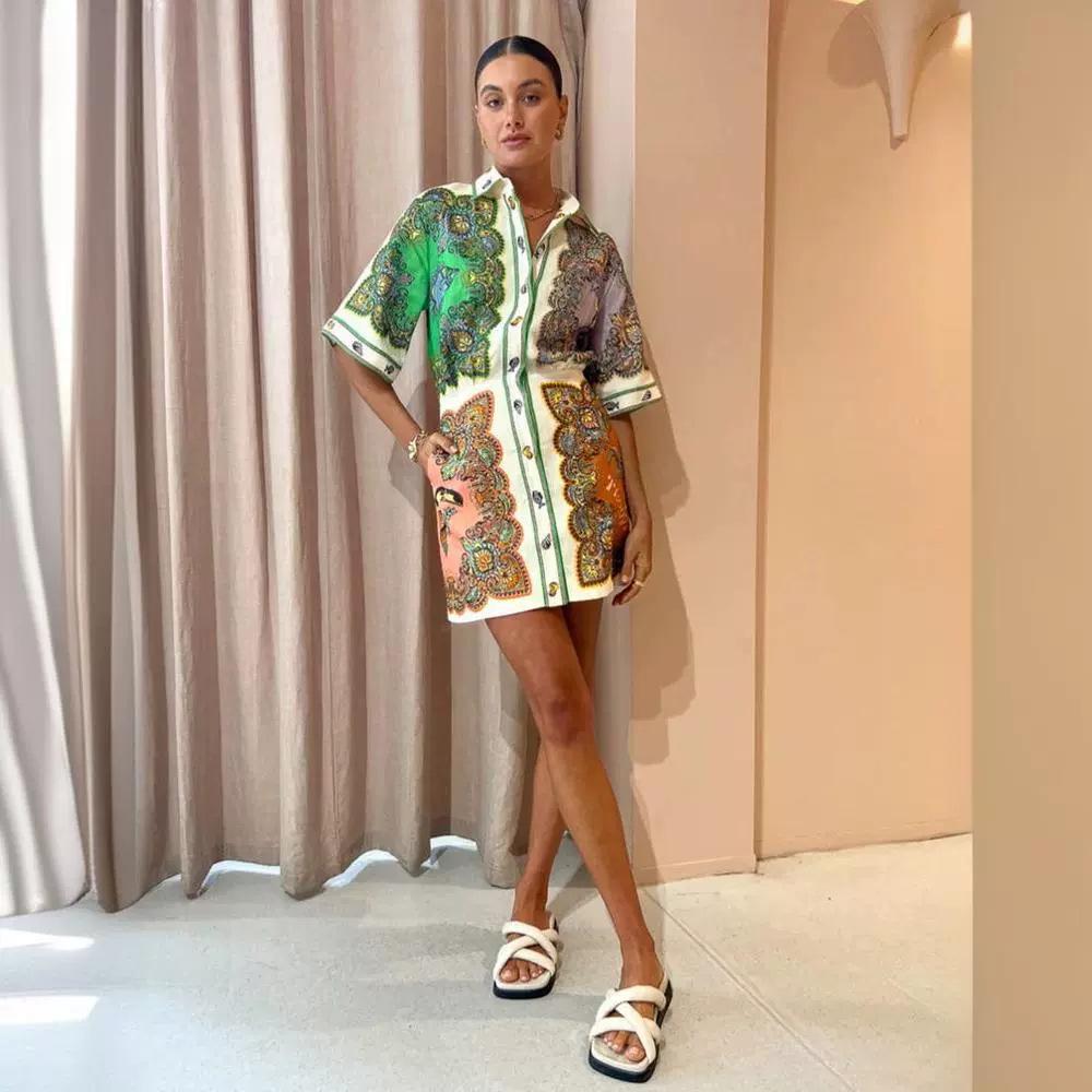 Trendy European & American Printed Cotton Linen Shirt Dress - Casual Slim Fit