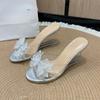 Fashion Plus Size High Heel Slippers Women's Wedge Round Toe Open Toe Crystal Bow One-Line Non-Slip Sheer Sandals Summer New