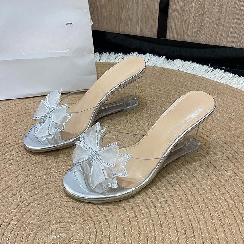 Fashion Plus Size High Heel Slippers Women's Wedge Round Toe Open Toe Crystal Bow One-Line Non-Slip Sheer Sandals Summer New