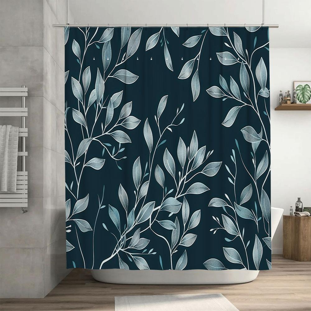 Modern Grey Leaf Print Shower Curtain Waterproof Bath Rug Decorative Home Decoration Blue White
