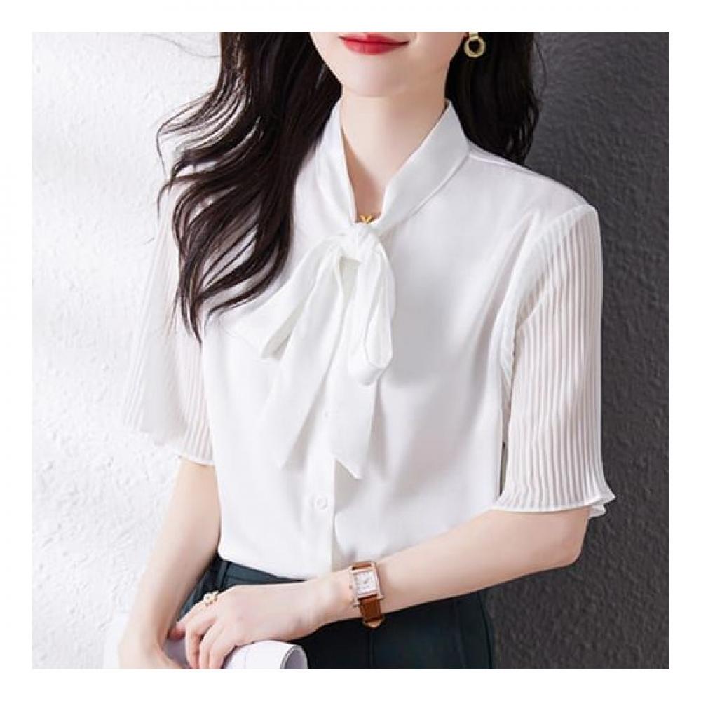 Navava Women Luxury Trumpet Sleeve Ribbon Neck Blouse Nb1457