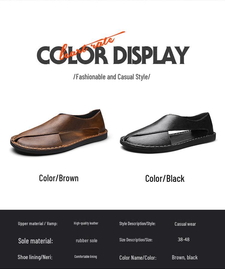 Men's Summer Genuine Leather Sandals - Breathable, Comfortable, Slip-on, Lazy Driving Shoes, Plus Size