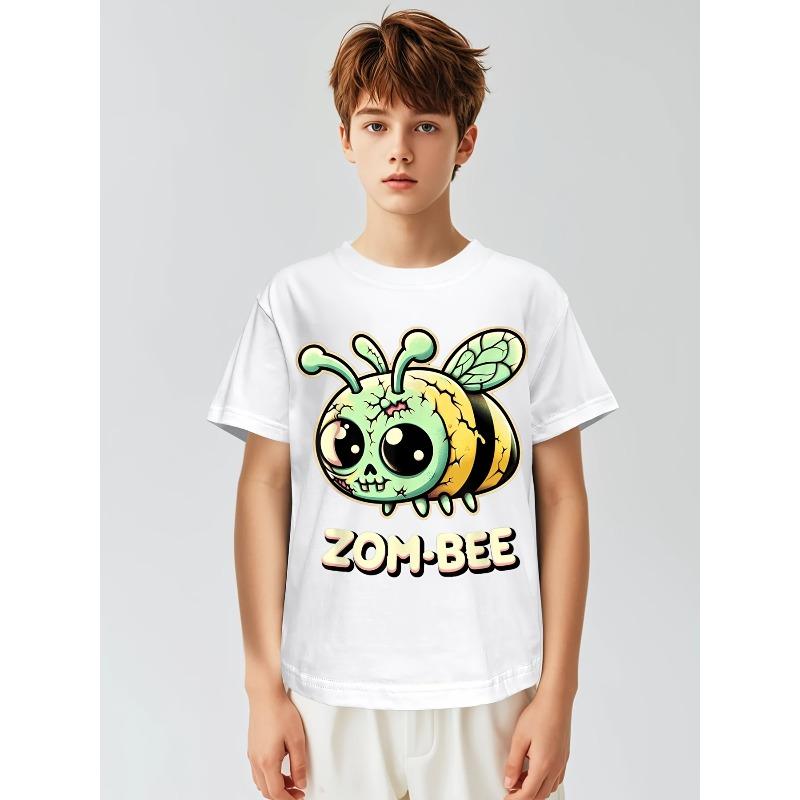 Children Crew Neck Short Sleeve T-Shirt with Cartoon Zombie Bee Print