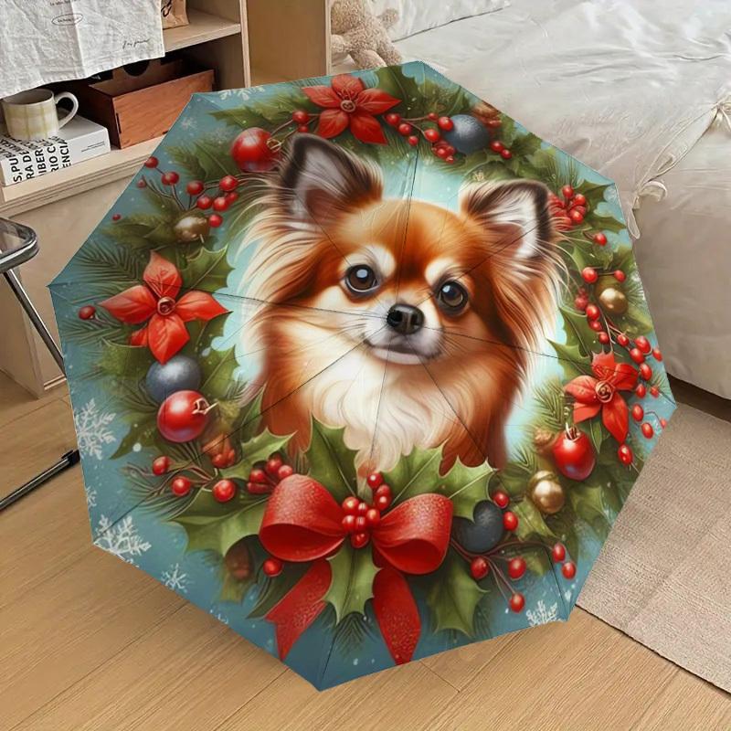 1pc Christmas Wreath with Papillon Dog Umbrella with Plastic Handle,Suitable for All Seasons Home Travel Outdoor UmbrellaDD245