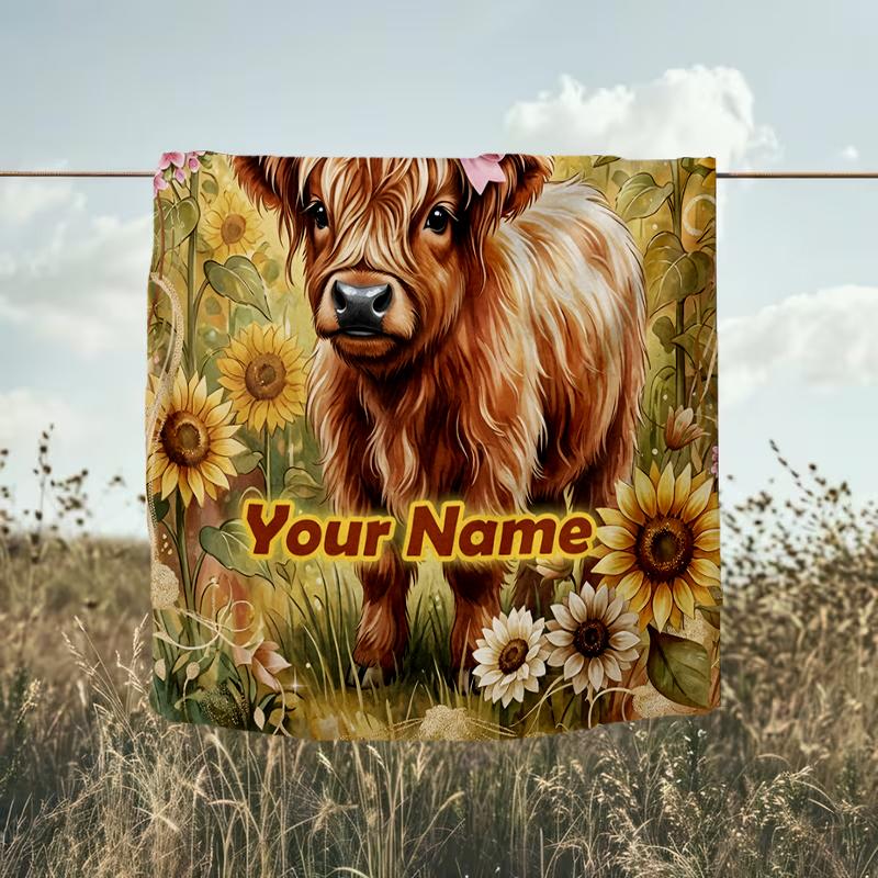 1PC Custom Name Highland Cow Sunflower Field Flannel Blanket Versatile,all-season Throw Suitable for the Living Room,bedroom,camping,travel,and Gift