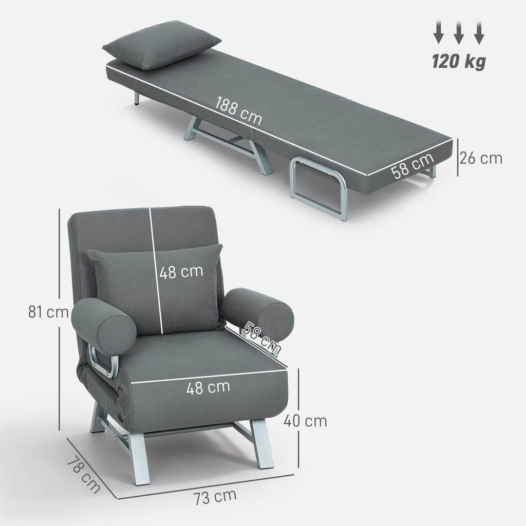 Single Bed Armchair 3 in 1 Folding Sofa Bed with Adjustable Backrest and Cushion for Living Room Bedroom 73x78x81 cm Grey