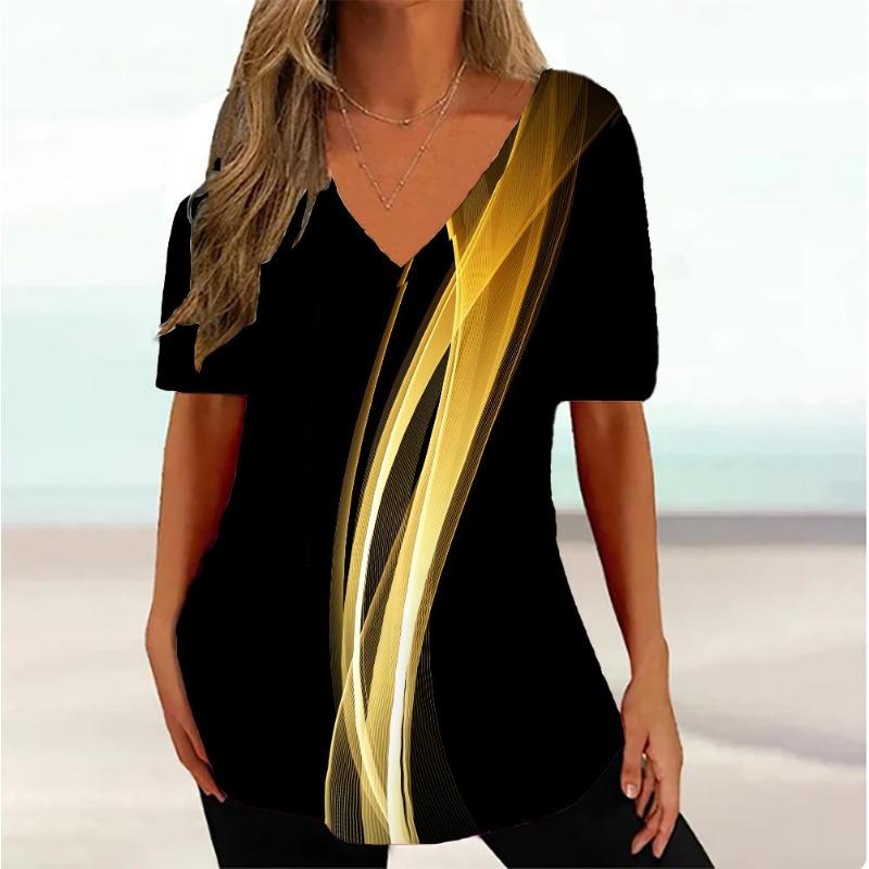 Mode Einfache Wellenkurve 3D-Druck T-Shirts Damen V-Ausschnitt Kurzarm T-Shirt Y2k Harajuku T-Shirts Lässige Tops Damenbekleidung