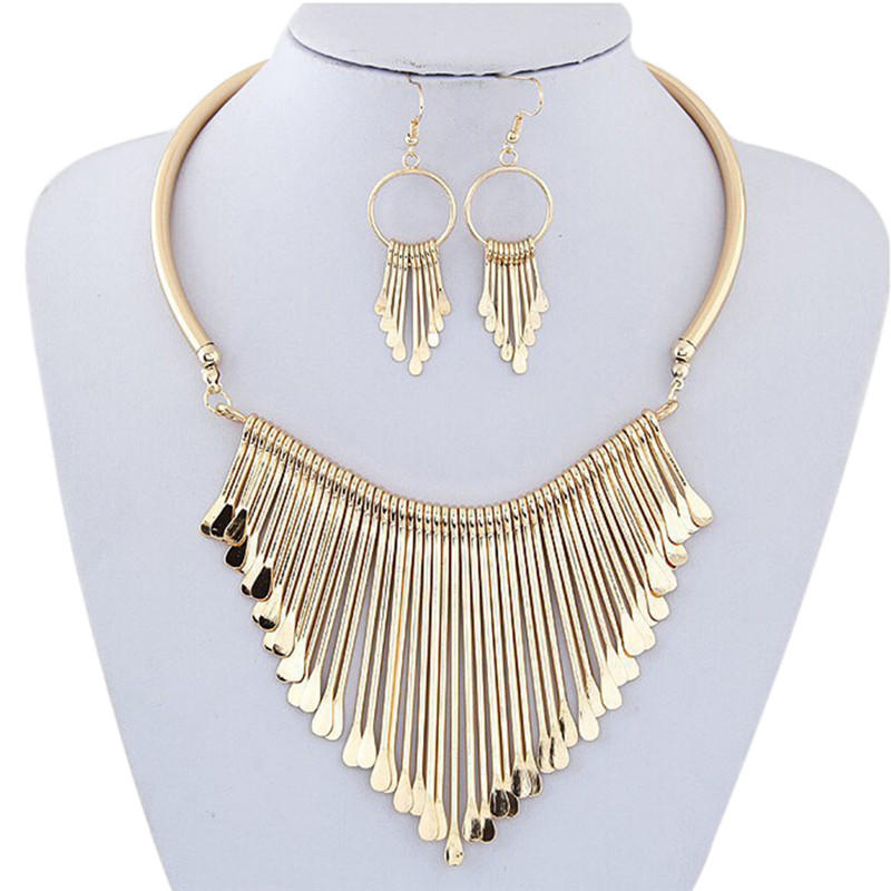 1Set Lady Metal Tassels Coins Pendant Chain Bib Necklace Earrings Jewelry Chic