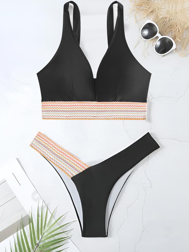 Wave Webbing Patch Low Waist Sexy Two Piece Bikini Set Elegant