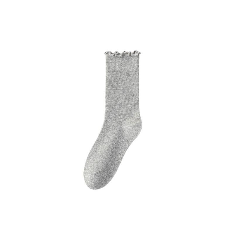 Black Fungus Edge Socks, Women's Solid Color Cotton Mid-calf Socks, Boneless Pile Socks for All Four Seasons, Rolled-up Postpartum Socks, Long Socks
