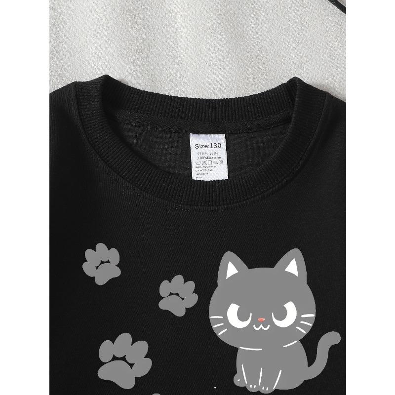 European sizes Girls Soft Crewneck Sweatshirt Cute Black Cat with Flower & Paw Prints, Casual All-Match, Ideal Holiday Present
