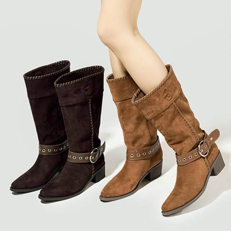 Fashion Retro Western Ankle Boots for Women Fashion Belt Buckle Decoration Wedge Mid Calf Boots High Quality Faux Suede Zapatos De Mujer
