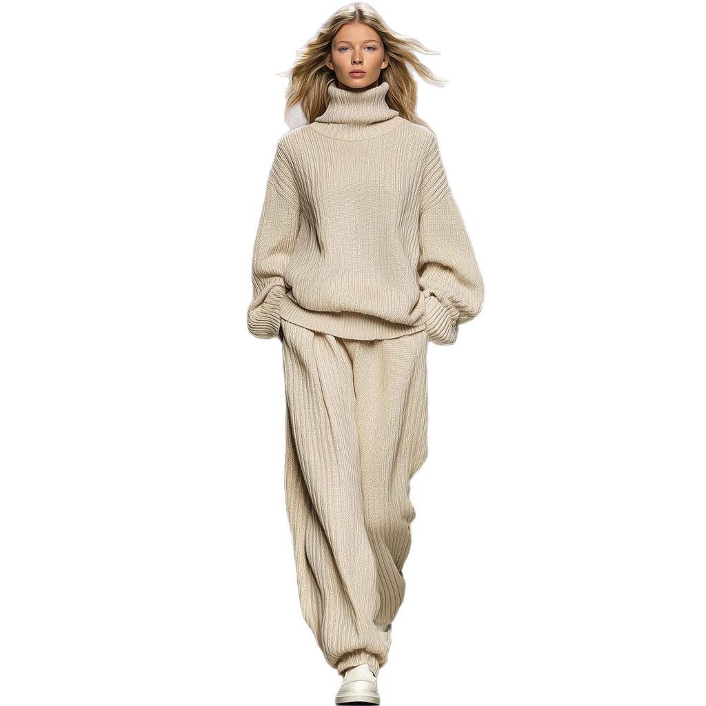 DM025 European and American Cross-border 2025 Spring and Autumn Leisure New Knitted Loose High-necked Wide-leg Pants Set
