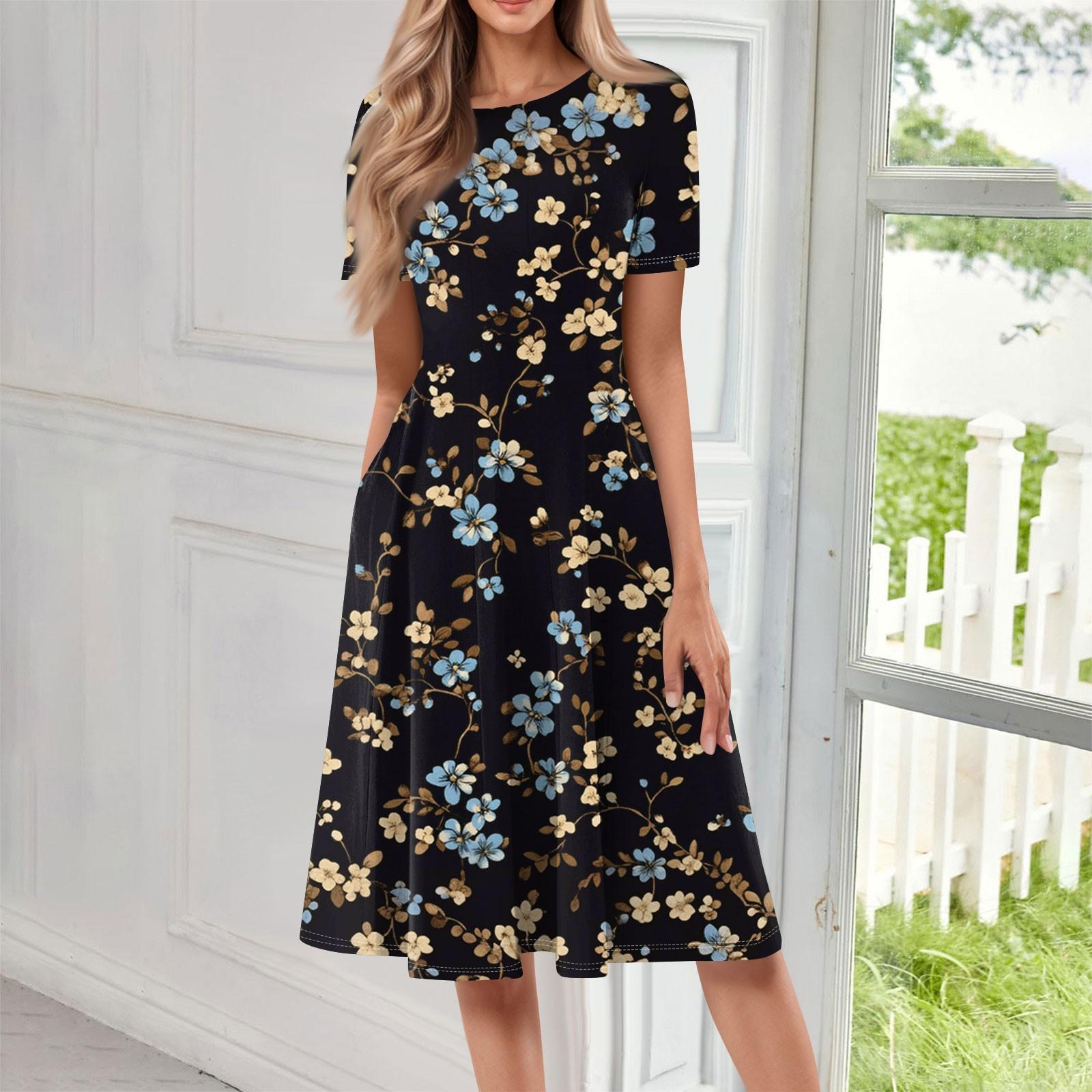 

Женское свободное повседневное и модное платье с круглым вырезом и короткими рукавами, средней длины с принтом M синий