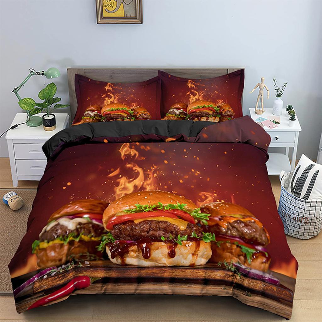 American Fast Food Duvet Cover Set Full Size Pizza Hotdog Comforter Cover Hamburger Print Bedding Set French Fries Quilt Cover
