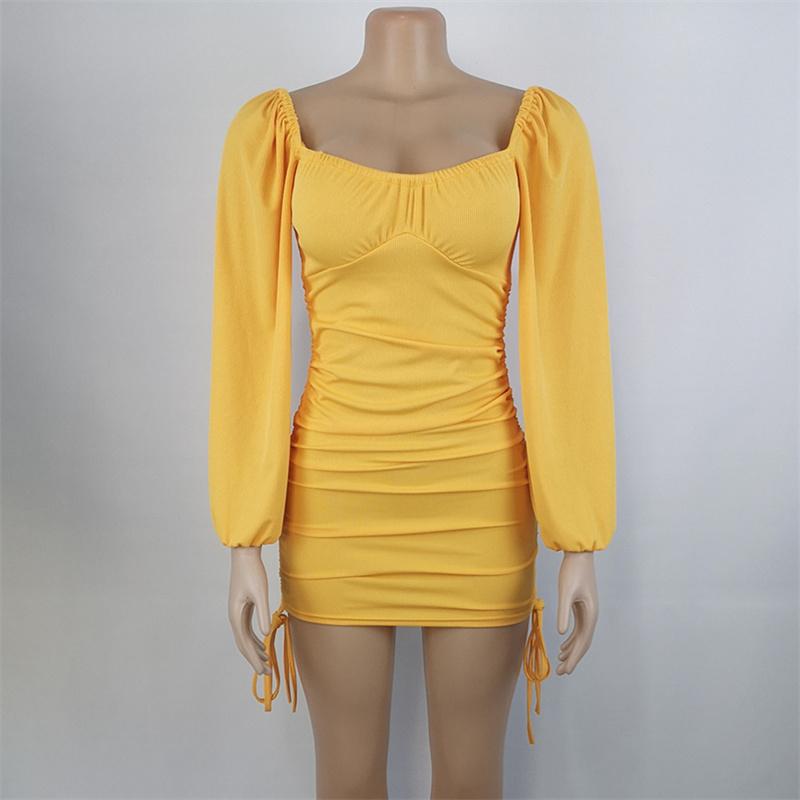 Long Sleeve Bodycon Dress Women Low Neck Rib Sexy Slim Fit Drawstring Pleated Wrapped Hip Mini Dress