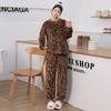 Damen Kuscheliges Korallenfleece Pyjama-Set mit Leopardenmuster - Plus Samt, Hautfreundlich, Herbst/Winter