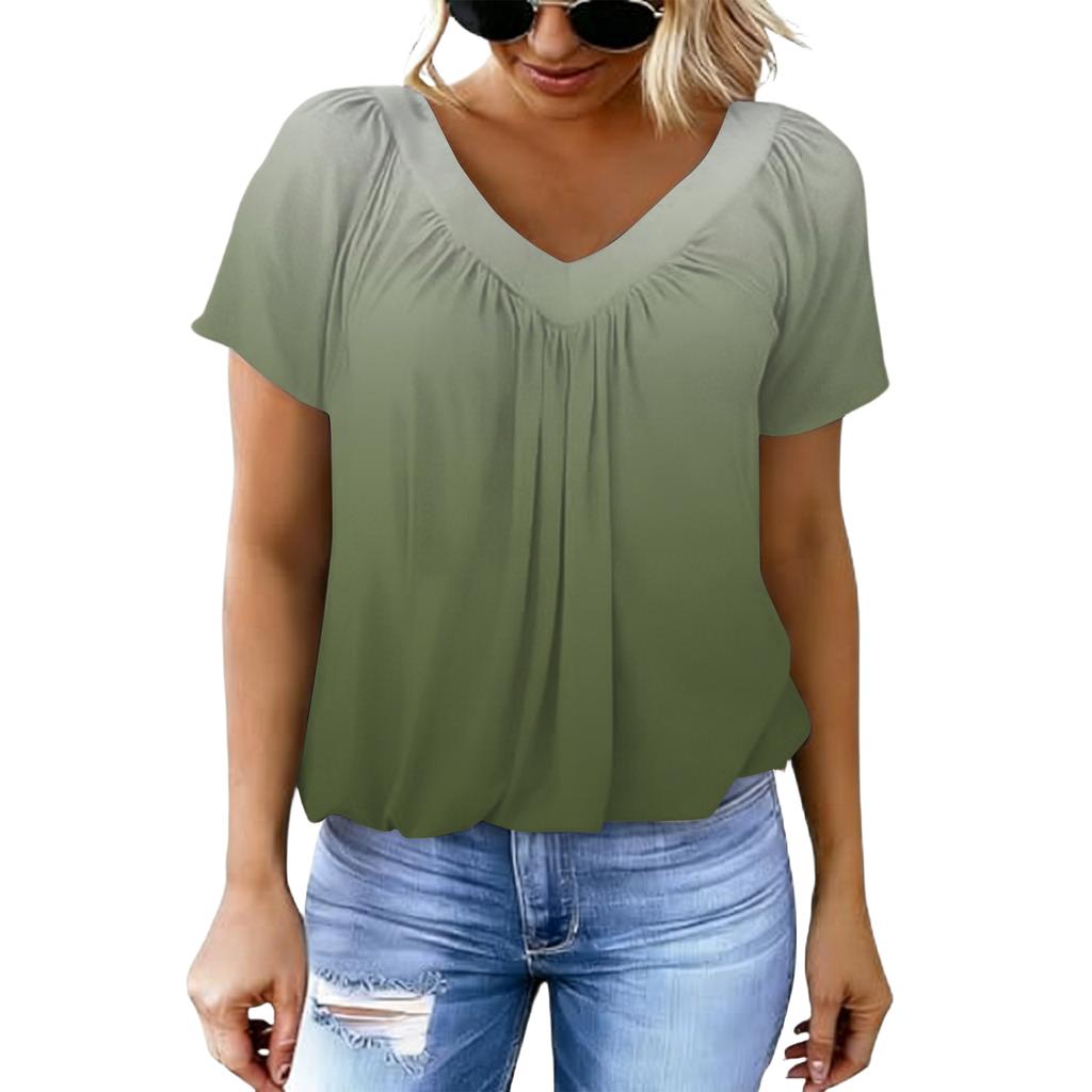 Women Short Sleeve V Neck Pleated Gradient Print Top Loose Fit Casual Blouse Lightweight Soft Fabric Summer Shirt