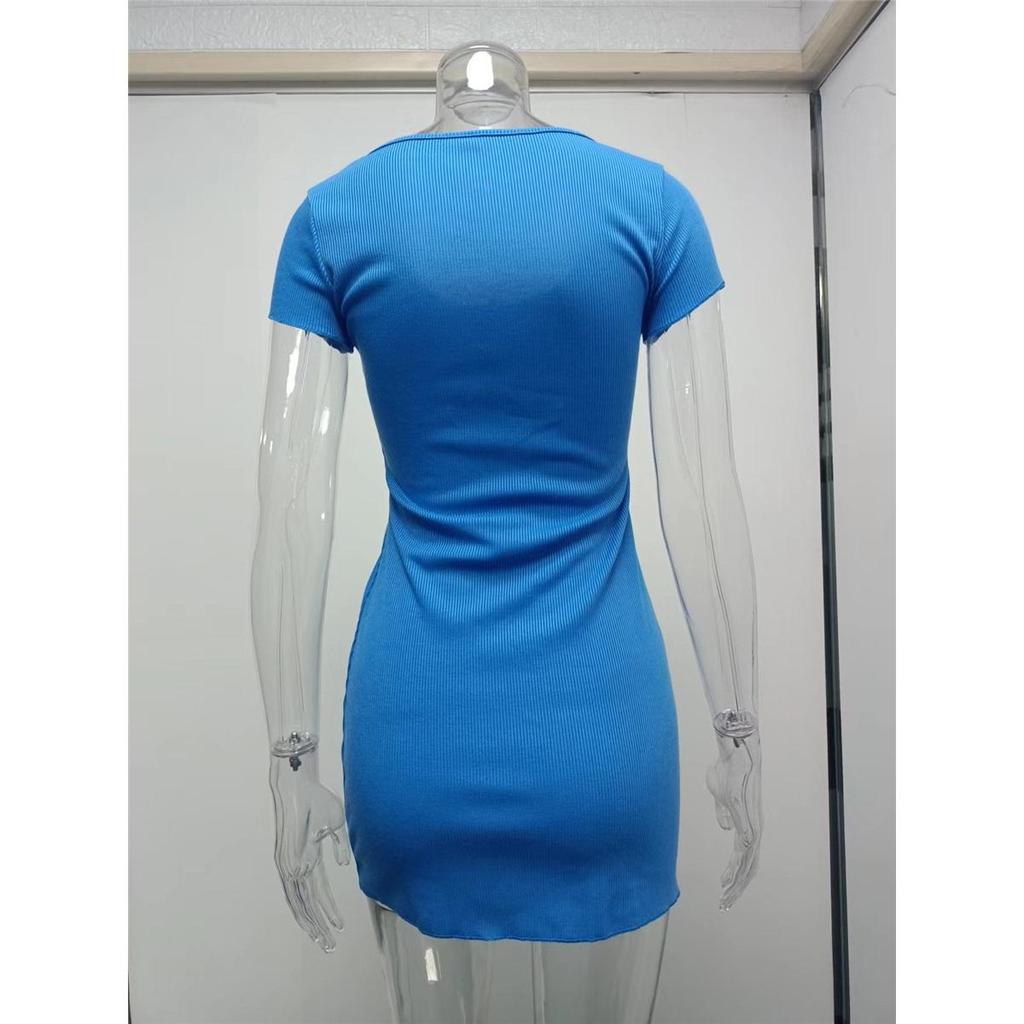 Damen Sommer Kurzarm Knopf U-Ausschnitt Lässig Einfach Figurbetont Sexy Kurzes Kleid Kleidung Sale