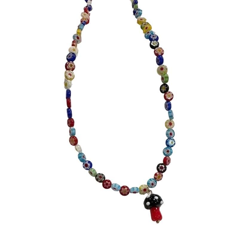 A52E Unique Necklace with Artistics Glass Beads and Mushroom Detail Daily Use