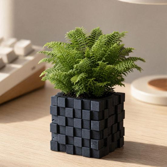 3D Printed Pixel Cube Planter, Grid Spliced Decor, Retro Geometric Ornament, Matte Breathable Structure, Compact Desktop Pot for Succulents Green