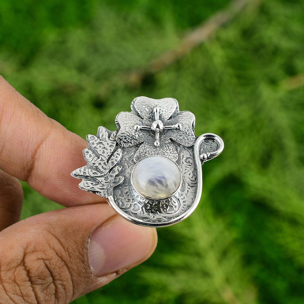 925 Silver Rainbow Moonstone Stone Statement Sister Artisan Flower Birthday Ring