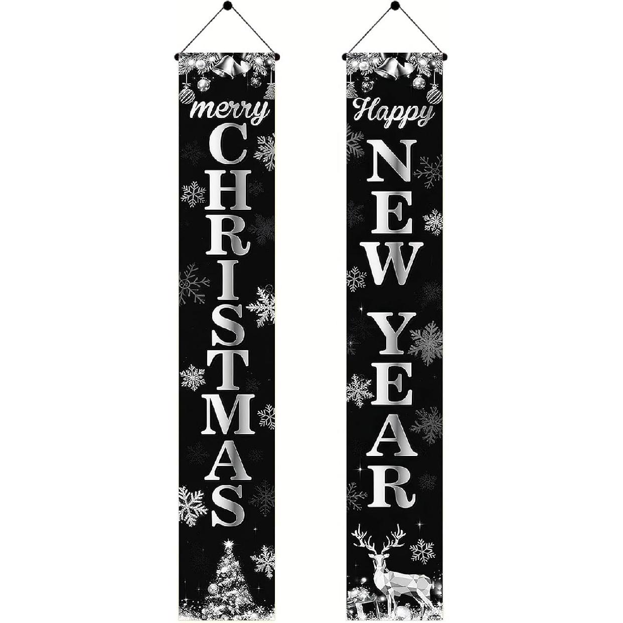 Happy New Year Porch Banner Holiday Party Decoration Black And Silver Hanging Door Sign Outdoor Indoor Festive Wall Decor Snowflake Reindeer Design