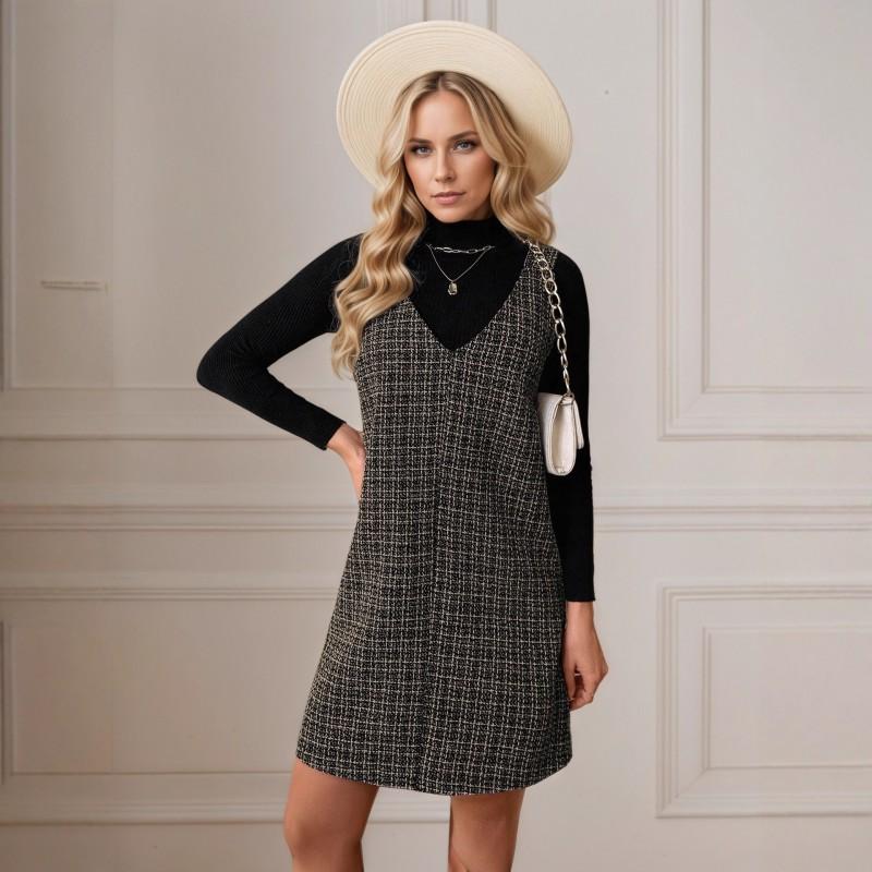 Womens Sleeveless V-Neck Tweed Pinafore Dress Mid-Length Checkered Casual Office Wear