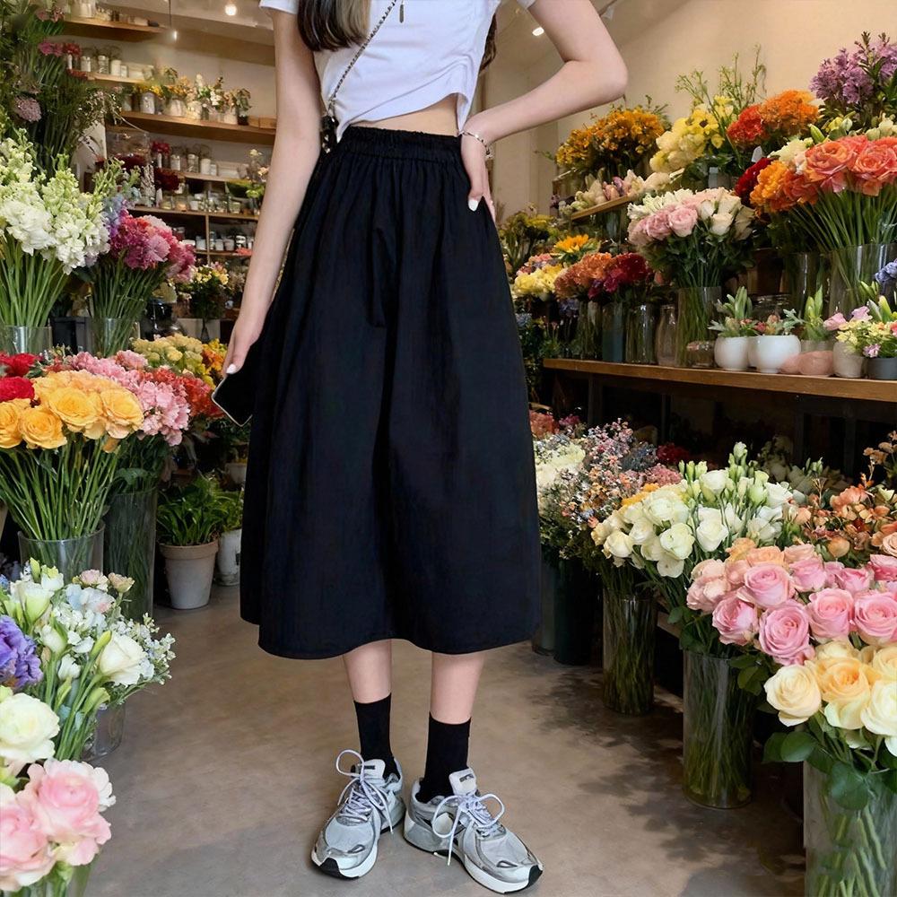 Women's High Waist White Slimming Midi Skirt - Elastic Waist, Fashionable Spring/Autumn