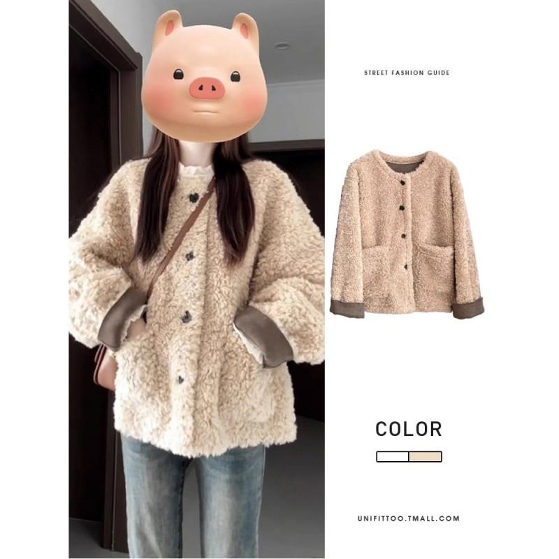 Womens Korean Fleece Jacket Solid Color Loose Fit Open Front Long Sleeve Coat