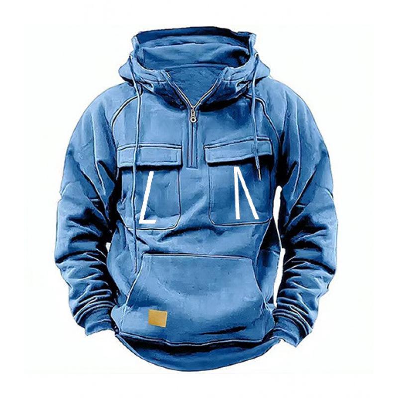 2024 Vintage Men's Distressed Hooded Sweatshirt with Multi-Pocket Zipper