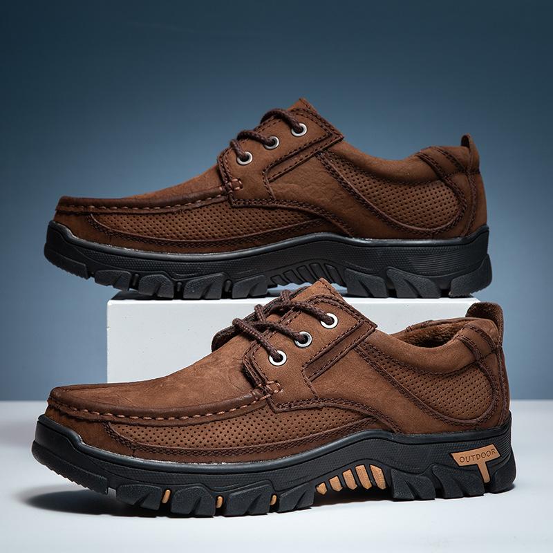Fashion Spring and Summer Outdoor Sports Men Hiking Leather Shoes Breathable Top Layer Cowhide Casual Leather Shoes