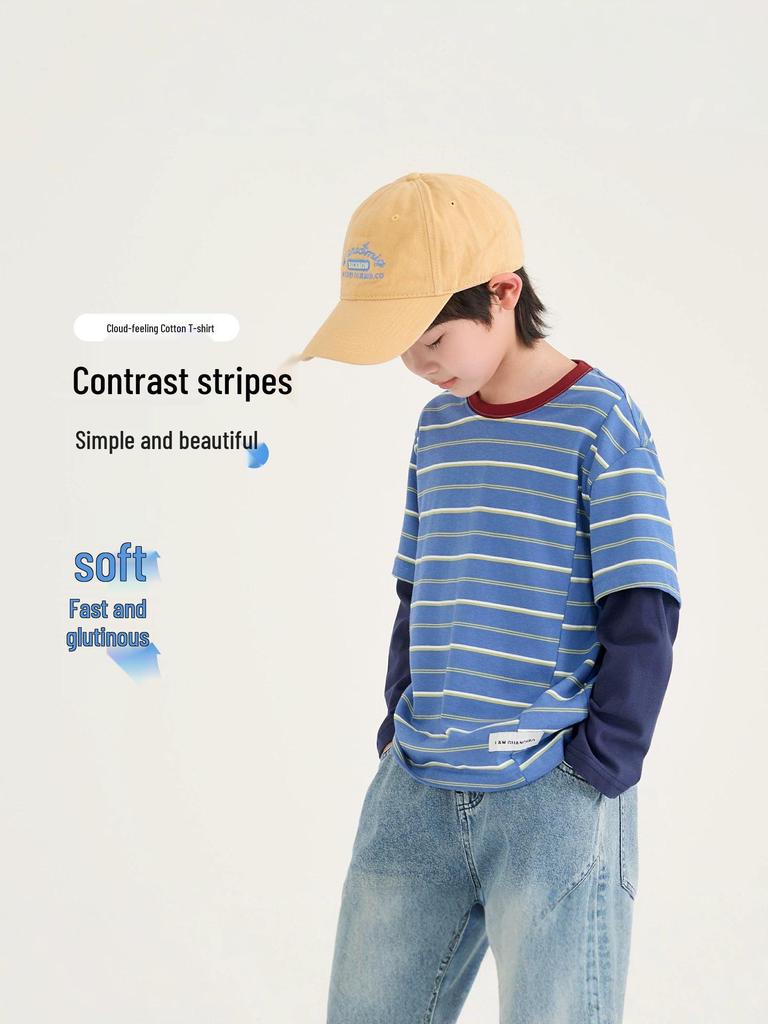 2026 Autumn Korean Style Kids' Striped Long-Sleeve T-shirt - Boys' Casual Relaxed Two-Piece Look