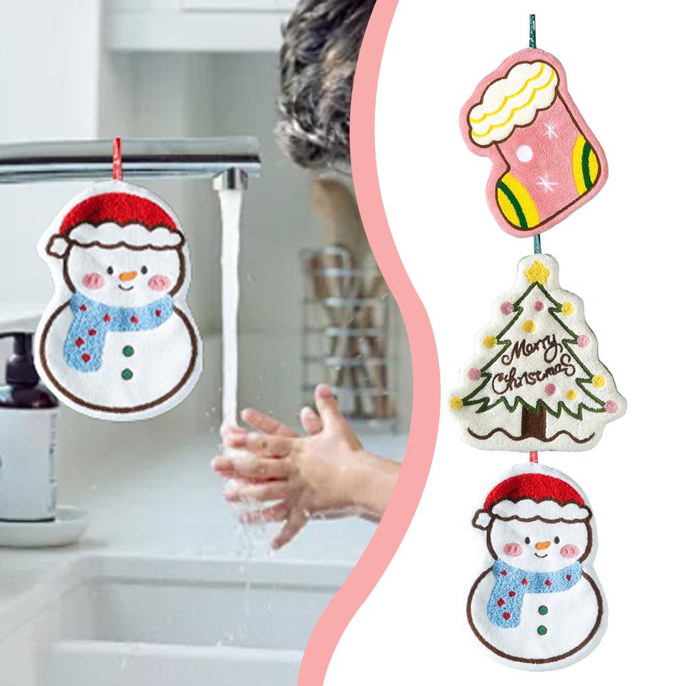 Christmas Hand Towel Set Cartoon Gingerbread Snowman Design Coral Fleece Material Home Kitchen Bathroom Decoration