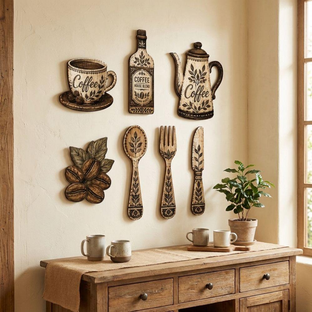 7Pcs Coffee Themed Coffee Utensil Wooden Ornament Vintage Dining Room Wall Decor Set  Bar