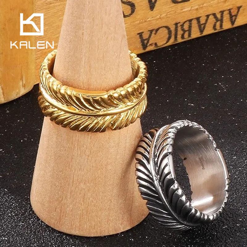 Hip Hop Personality Stainless Steel Feather Ring for Men Women 10MM Color Gold Round Finger Rings Trendy Jewelry Male Charm Gift