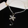 Retro Pearl Beaded Metal Pleated Flower OT Buckle Necklace Premium Niche Temperament Clavicle Chain Jewelry