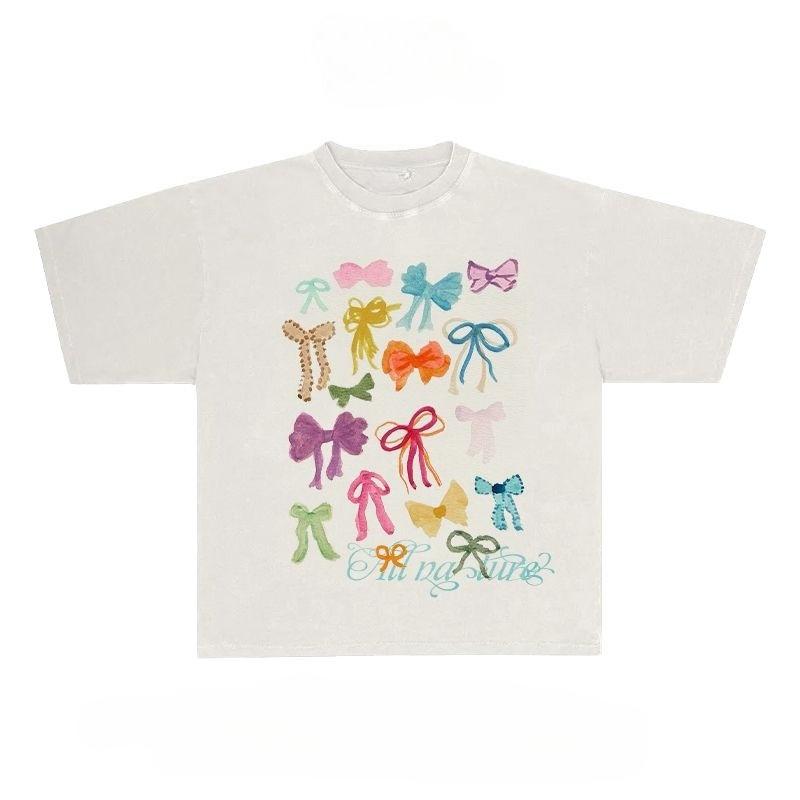 

Colorful Bow Graphic Print Autumn Pure Cotton Men s and Women s T-shirt Short Sleeve Street Fashion Trend Clothing Kawaii S
