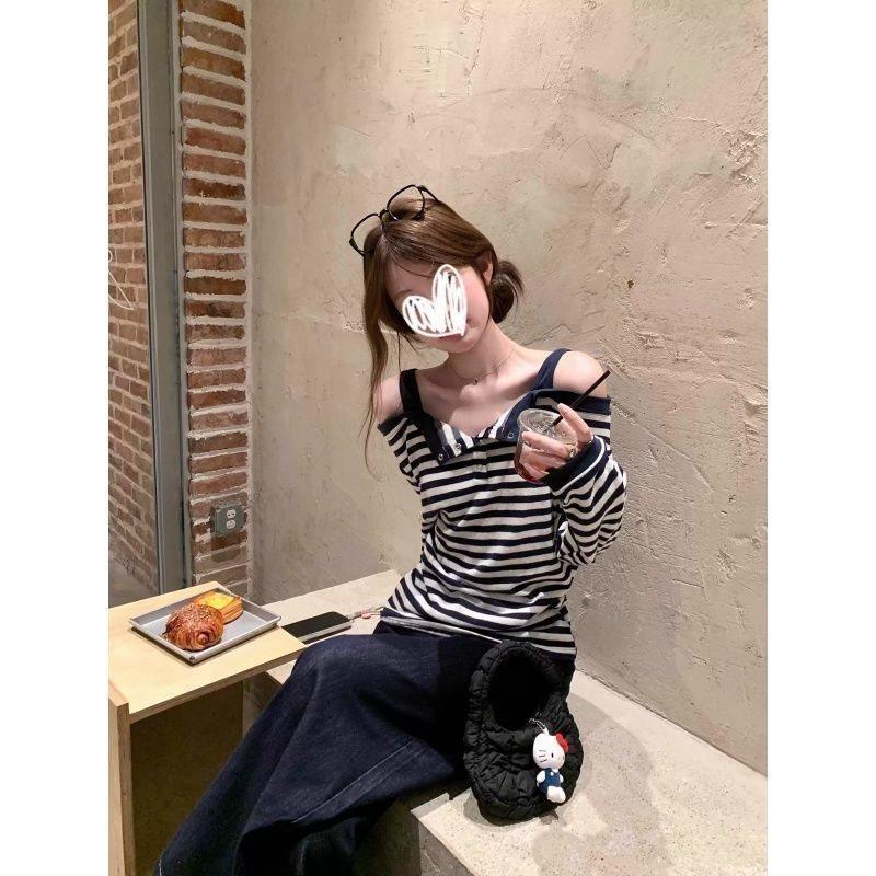 Spring 2025 Korean Style Striped T Shirt With Embroidered Details For Casual Wear