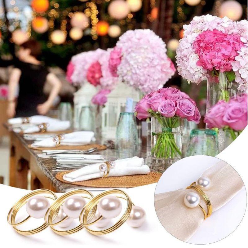12-2PCS Metal Napkin Ring Imitation Pearls Napkin Buckle Napkin Holders For Wedding Christmas Banquet Home Dining Table Decors