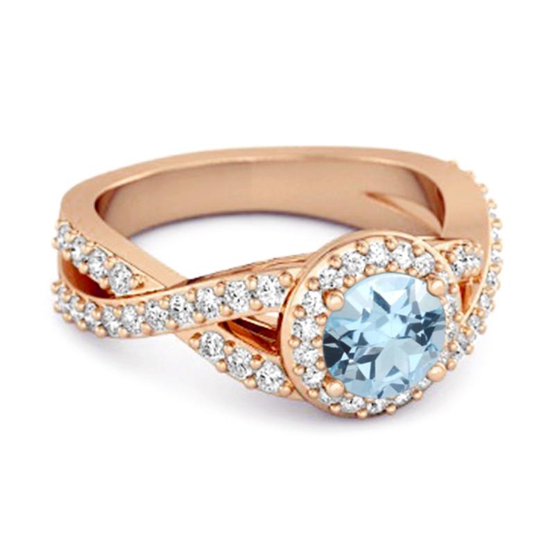 Blue Topaz Round Halo Accents Ring -925 Sterling Silver Rose Gold Vermeil